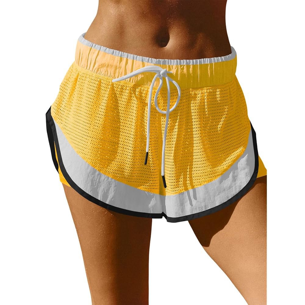 피소우 여성 운동 반바지 2 in 1 러닝 하이 스플릿 컬러 블록 요가 메시 포켓 드로스트링 Yellow Large