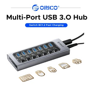 ORICO DC12V 전원 공급 USB3.0 허브 알루미늄 분배기(독립 스위치 포함) BC1.2 노트북용 고속 충전 LED 포트 확장기