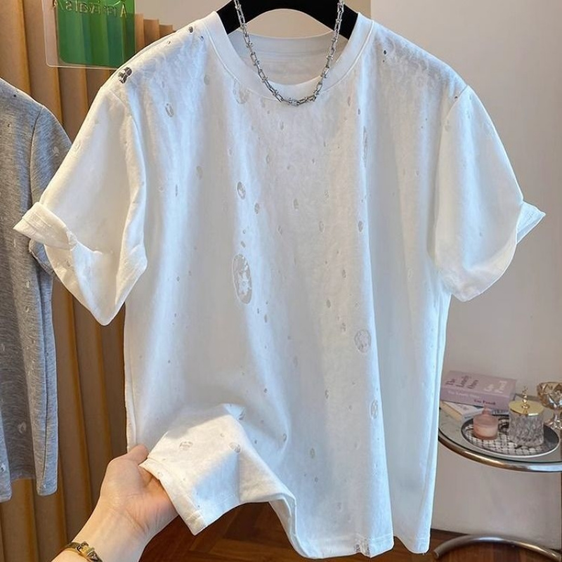 해피유통여성 반팔 찢어진 티셔츠 캐주얼 스트리트 패션 디자인 XL 화이트 XL