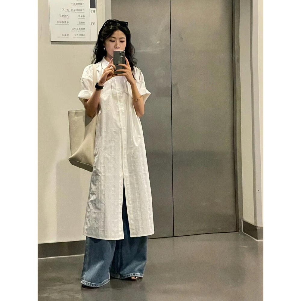 반팔 셔츠 원피스 화이트 루즈핏 레이어드 미디 드레스