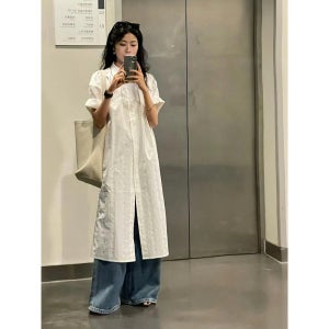반팔 셔츠 원피스 화이트 루즈핏 레이어드 미디 드레스