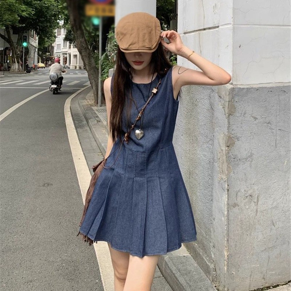 피어니스트 플리츠 데님 민소매 미니 원피스