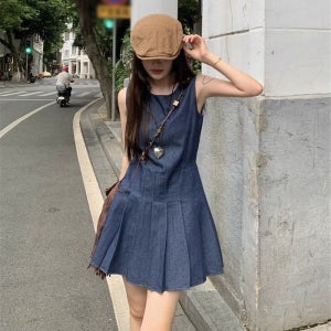 피어니스트 플리츠 데님 민소매 미니 원피스