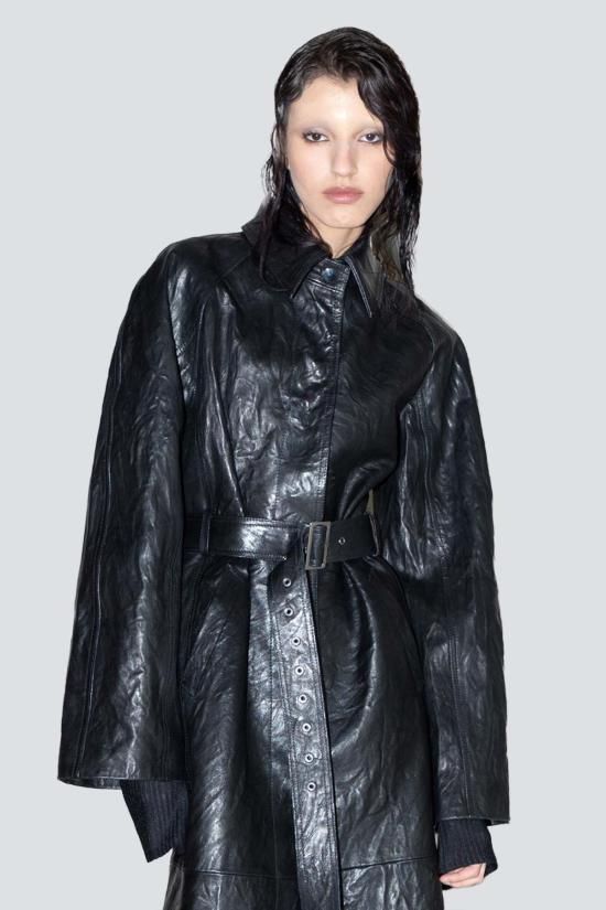 요바나 마르코비치 블랙 가죽 롱 코트