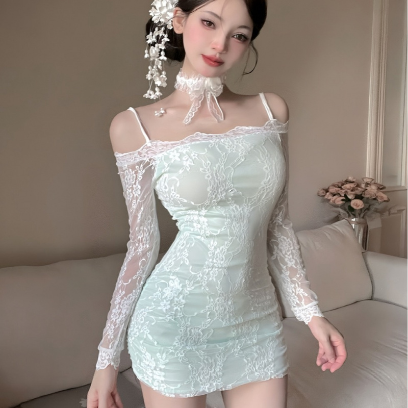 해피유통 여성 봄 가을 레이스 오프숄더 미니 원피스 타이트 슬림핏 긴팔 드레스 M 녹색 M