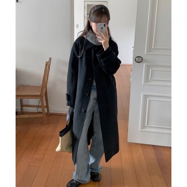 KIIMUIR Drape Wool (우먼) 캐시미어블렌드 세미오버핏 발마칸 로브코트_블랙