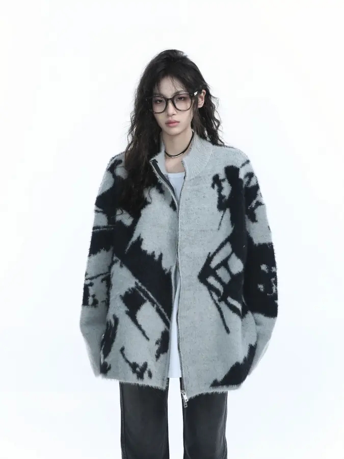 S,M,L,XL 빈티지한 느낌의 자가드 그래픽니트집업 오버핏니트 코트 여 나른한 집업 카디건 스웨터