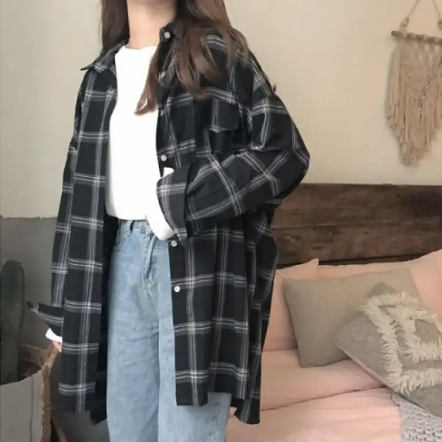 여성남방 체크셔츠 체크남방 여성셔츠 롱체크 화이트 블랙 여성오버핏티