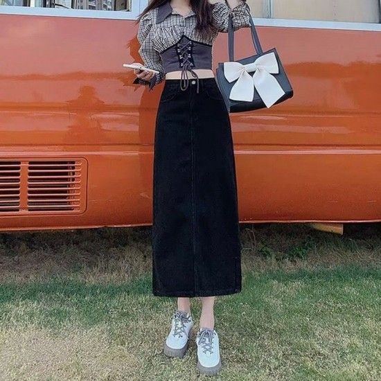 롱청치마 여성 블랙 데님 스커트 스트레이트 롱스커트 캐주얼 치마 블랙진스커트