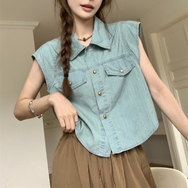 여자 썸머 크롭 데님 청 나시 Shirts
