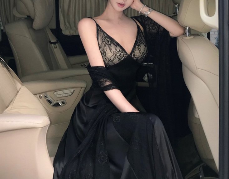 레이스 숄 V넥 실크 새틴 롱 원피스