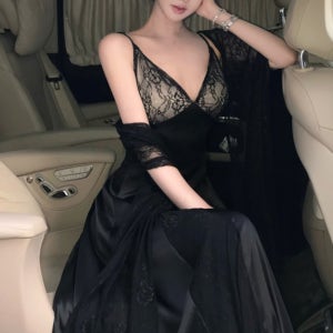 레이스 숄 V넥 실크 새틴 롱 원피스