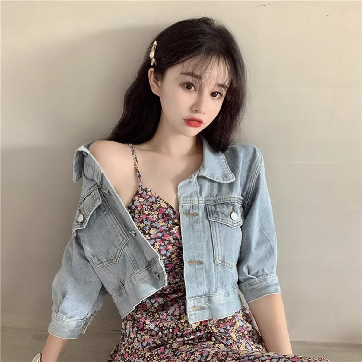 세미크롭 데님 트러커 청자켓