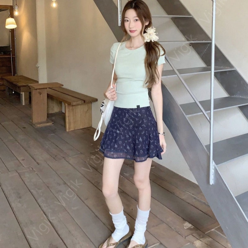 Vigik여성 여름 꽃무늬 A라인 레이스 캉캉 플레어 미니 스커트  네이비  M