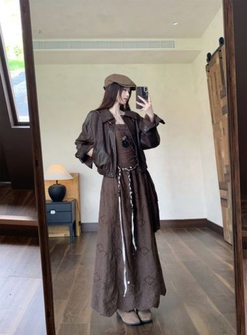 여성 블루종 갈색 인조 가죽자켓 숏점퍼 펀칭 레이스 튜프탑 롱원피스 L 자켓