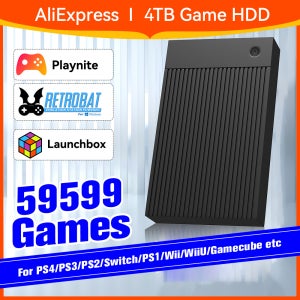 4TB 휴대용 게임 외장 하드 드라이브, 59599개 게임이 사전 설정된 런치박스&플레이나이트&레트로박스 게임 콘솔 (PS4/PS3/PS2/스위치/위이/위이유 호환)