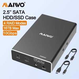 마이워 하드 드라이브 인클로저 듀얼 베이 2.5인치 SATA SSD/HDD 지원 4 RAID 모드 Gen2 10Gbps 16TB 용량 알루미늄 HDD 케이스
