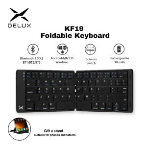 Delux KF19 접이식 무선 키보드, 블루투스 충전식, 휴대용 멀티 디바이스, 윈도우, 안드로이드, IOS 태블릿 폰과 호환
