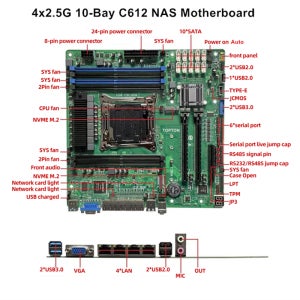 토폰 10베이 X99 NAS 마더보드 XEON E5 V4 C612 6*DDR4 10*SATA 2*NVMe 4*2.5G LAN 3*PCIE 분할 방화벽 서버 M-ATX 메인보드