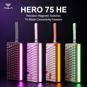 AULA HERO 75 HE 홀 이펙트 자석축 게이밍 키보드 8KHz 폴링레이트 래피드 트리거 0.01mm 가변 트리거 포인트 RGB 네온 라이트박스 핫스왑 교체 가능 5단 흡음폼