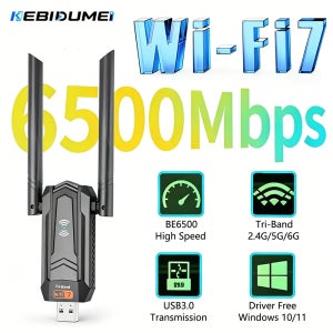 Kebidumei BE6500 WiFi7 USB3.0 어댑터 트라이 밴드 2.4G/5G/6GHz 무선 네트워크 카드 Wifi 수신기 동글 드라이버 무료 PC 노트북용