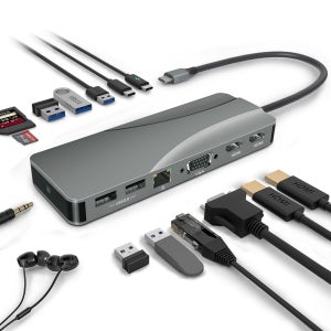 USB C 허브, 타입 C 도킹 스테이션, 3개 디스플레이 지원 14 in 1, 2개 HDMI, VGA, PD 기가비트 이더넷, SD TF 카드 리더 (윈도우용)