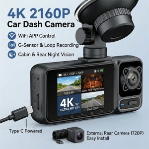 4K 3렌즈 블랙박스 WiFi 차량용 DVR 전방 실내 후방 트리플 카메라 2160P UHD 비디오 레코더 24시간 주차 모니터링