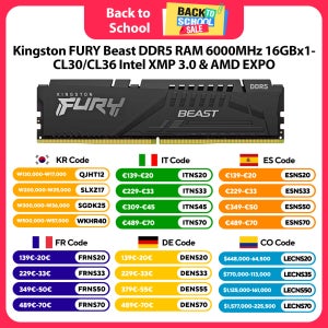 킹스톤 FURY Beast DDR5 RAM 6000MHz 16GBx1 CL30/CL36 인텔 XMP 3.0 및 AMD EXPO 지원 데스크탑 메모리