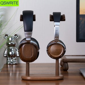 QSWRITE 듀얼 헤드폰 홀더 호두나무 헤드폰 걸이 미니멀리스트 랙 지원 헤드셋 컨트롤 스토리지 원목 랙