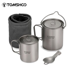 Tomshoo 3 PCS 티타늄 조리기구 세트 초경량 750ml 냄비 450ml 워터 컵 머그잔 w 뚜껑 접이식 스포크 야외 캠핑 배낭 여행