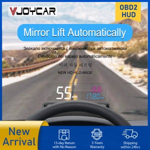 Vjoycar 2023 업데이트 자동 리프트 미러 HUD MX30 Pro 대형 및 투명 글꼴 RPM 속도 프로젝터 KM/H MPH 자동차 액세서리 보안 알람