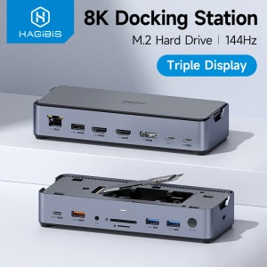 Hagibis-USB C 도킹 스테이션 c형 8K DP HDMI 호환 트리플 디스플레이 M.2 SSD PD3.0 RJ45 15 인 1 PC 노트북용, USB c형 허브