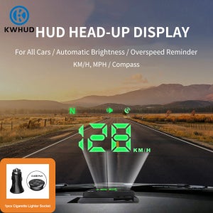 KWHUD HUD 헤드업 디스플레이 자동차 GPS 디지털 속도계 (모든 차량용, 과속 경보, 나침반, 속도계, KM/H MPH, USB 전원)