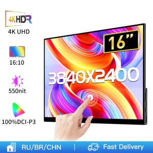 16 인치 4K 터치 스크린 휴대용 모니터 100% DCI-P3 550nit 3840*2400 16:10 여행용 사무실 디스플레이 전화 노트북 스위치 Xbox