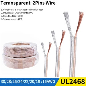 1/5/50M 전선 2 핀 투명 케이블 30AWG - 16AWG UL2468 PVC 스피커 오디오 헤드폰 LED 스트립 램프 연장 코드