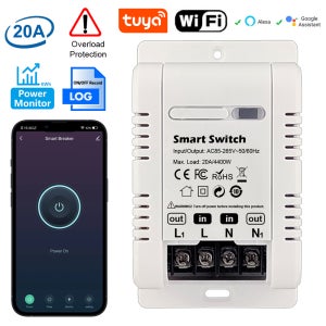 Tuya 20A 스마트 스위치 회로 차단기 APP 제어 전력 모니터 과부하 보호는 Alexa Google Home Siri와 함께 작동합니다.