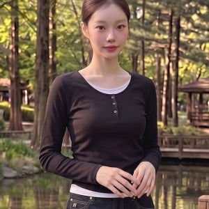 행텐 여성 웨일 헨리넥 레이어드 롱 티셔츠_블랙