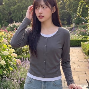 행텐 여성 웨일 가디건 레이어드 셔링 롱 티셔츠_그레이