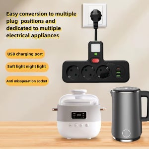 유럽형 전원 소켓, 유연한 짧은 전선 메인 컨트롤 스위치, 2개의 USB 포트 및 1개의 타입-C 포트, 휴대 및 사용이 간편함
