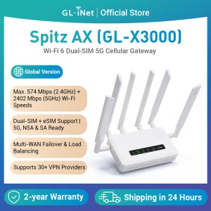 GL.iNet GL-X3000 (Spitz AX) 5G 게이트웨이 라우터, 와이파이 6, 멀티 WAN, 분리형 안테나, 듀얼 SIM, OpenVPN, 와이어가드, AX3000