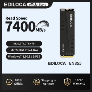 에디로카 EN855 PS5 SSD SLC 캐시 및 DRAM, 히트싱크 포함 PCIe Gen4.0 NVMe M.2 SSD 7400MB/s 내장형 솔리드 스테이트 드라이브 (PS5 및