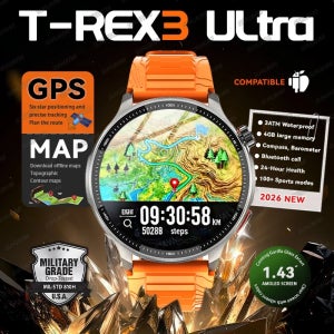 신제품 T-Rex3 울트라 4GB 메모리 GPS 스포츠 스마트워치 오프라인 지도 1.43인치 AMOLED 디스플레이 3ATM 플래시 충전 피트니스 통화 스마트워치