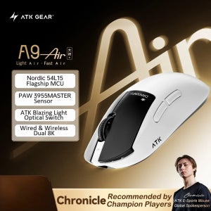 ATK A9 Air Ultimate Plus 게이밍 마우스 PAW3955 마스터 듀얼 8K 초경량 무선 트라이 모드 E-스포츠 FPS 게이머 액세서리