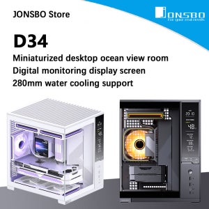 존스보 D34 컴퓨터 케이스 (280 라디에이터 지원, ATX, PS2 전원 공급 장치, 타입-C Gen2 10Gbps+, 디지털 모니터 화면, PC 섀시)