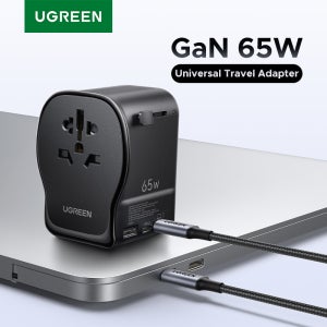 UGREEN 65W GaN 범용 여행 어댑터 2 USB-C 1 USB-A AC 소켓 충전기 CE FCC UKCA TÜV 인증 EU US UK 접지 플러그용