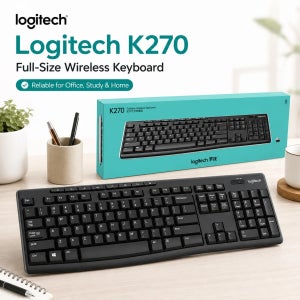 로지텍 K270 무선 키보드: 미디어 키가 있는 풀 사이즈 무소음 컴퓨터 키보드 - PC 노트북용 방수 기능 탑재 저소음 타입