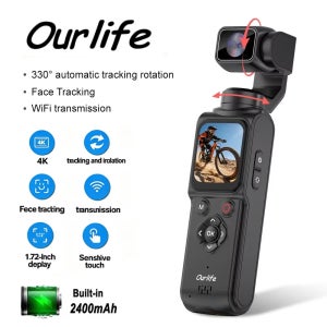 Ourlife 4K 포켓 짐벌 카메라 핸드헬드 안정화 캠코더 75MP 330 °   자동 추적 회전 1.7인치 터치스크린 액션캠