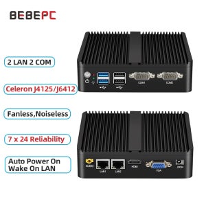 BEBEPC 팬리스 산업용 미니 컴퓨터, J6412, j4125, i5, 4200U, 5200U, 듀얼 LAN, RS232, Win10/11 프로, 리눅스, 우분투, 와이파이 데스
