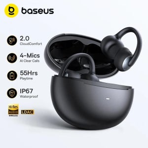 베이스어스 보위 MC2 이어클립 이어폰 무선 블루투스 6.0 오픈형 이어버드 LDAC 4-마이크 통화 소음 감소 55시간 재생 헤드폰