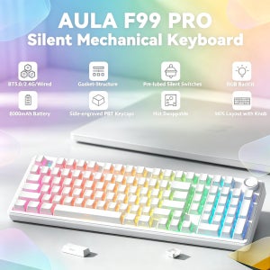 AULA F99 Pro 사무실용 무소음 기계식 키보드 3가지 모드 핫스왑 가능 RGB 백라이트 96% 레이아웃 무선 키보드 (노브 포함)